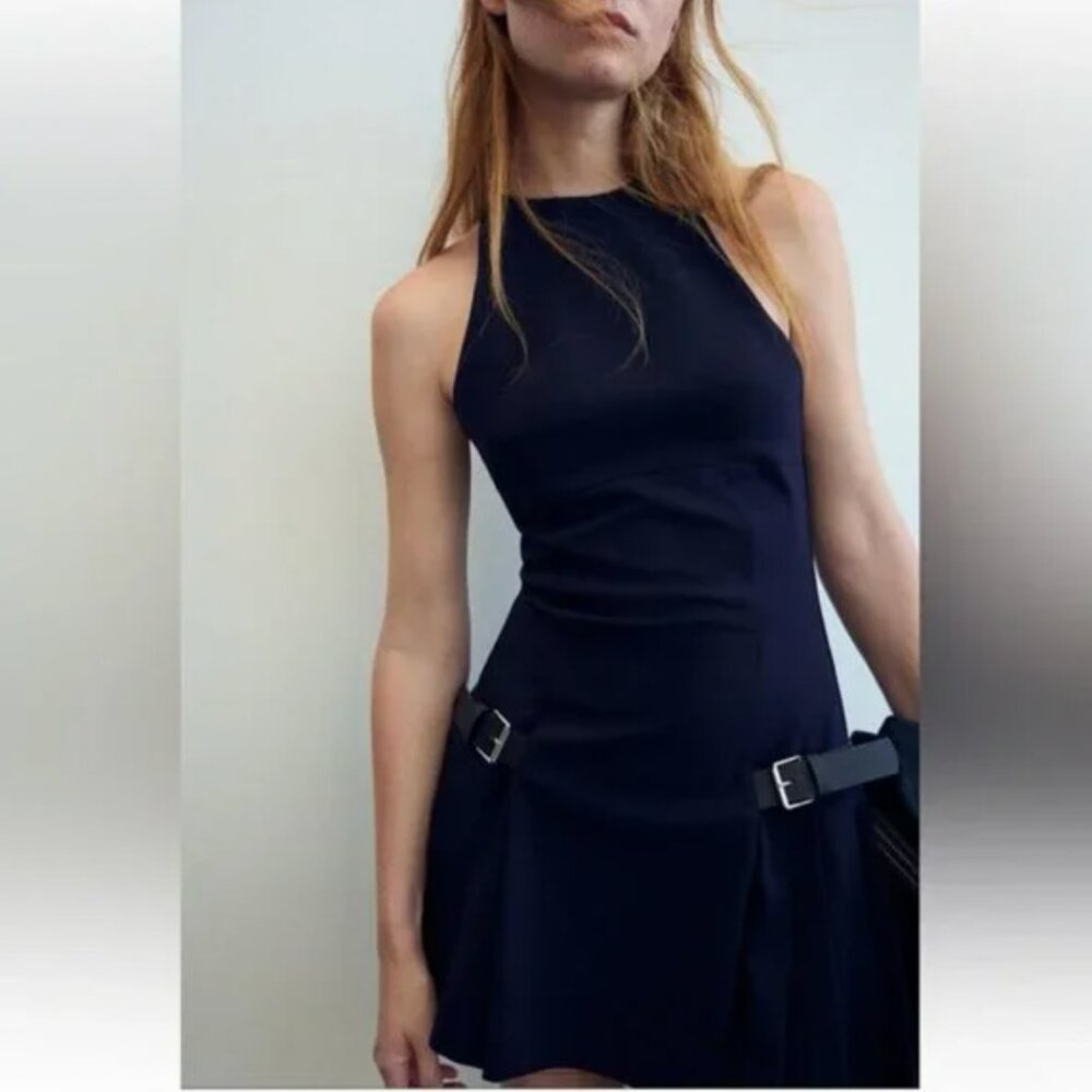 Zara Navy Mini Dress with Belted Accents Size Large NWT